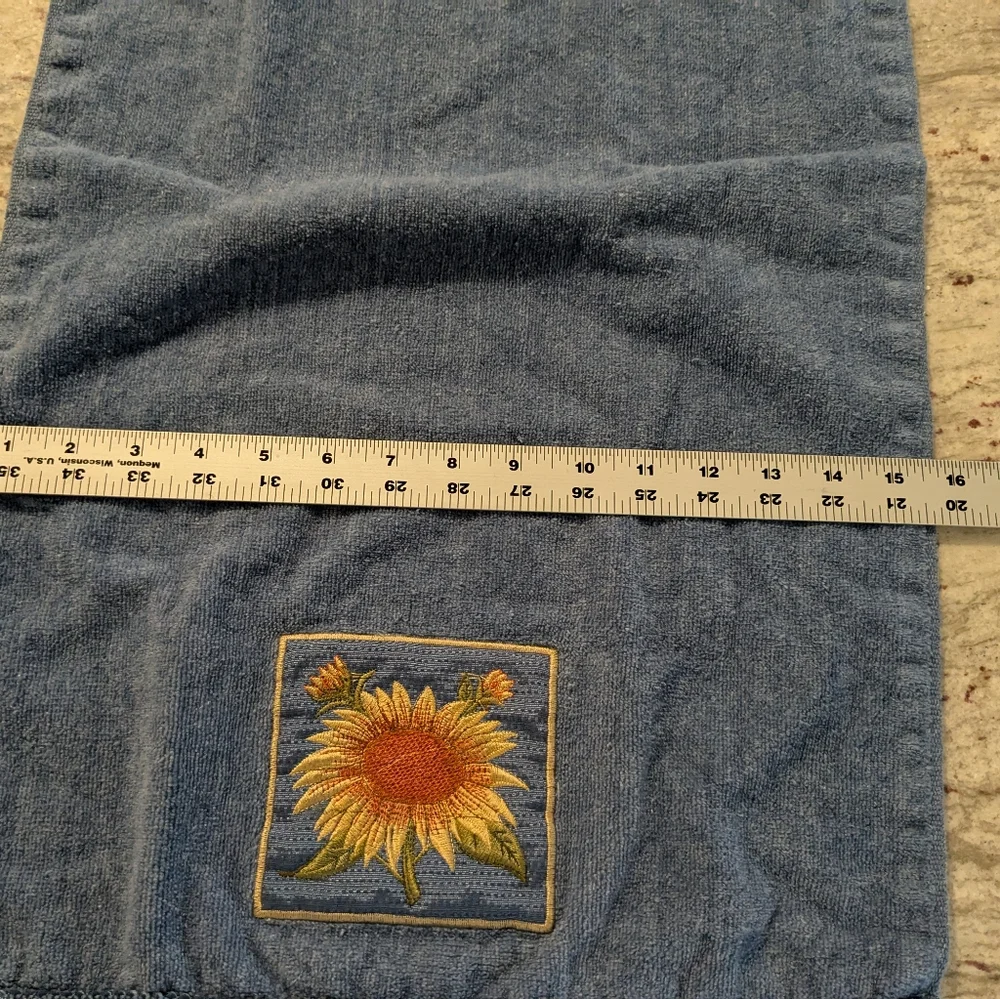 Sunflower Embroidered Vintage Avanti 100% Cotton Towel Set Blue 3 Pieces Fringe